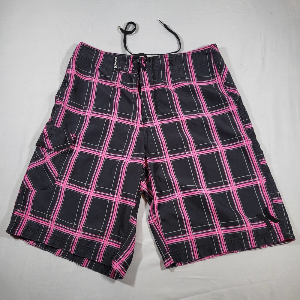 Hurley Men 34 Buckle Exclusive Board Shorts Black Fushia Plaid Tie Front Cargo